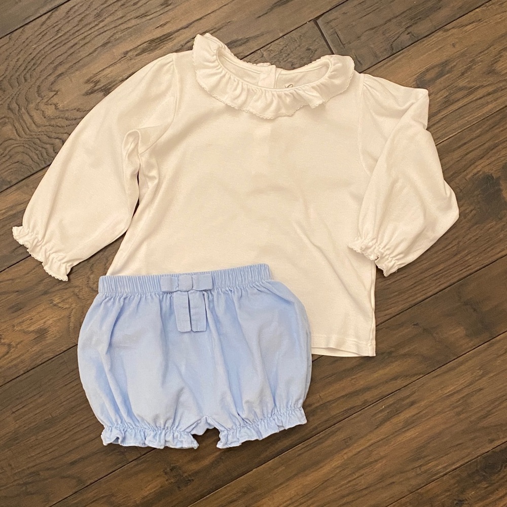 White Top and Blue Corduroy Shorts Set